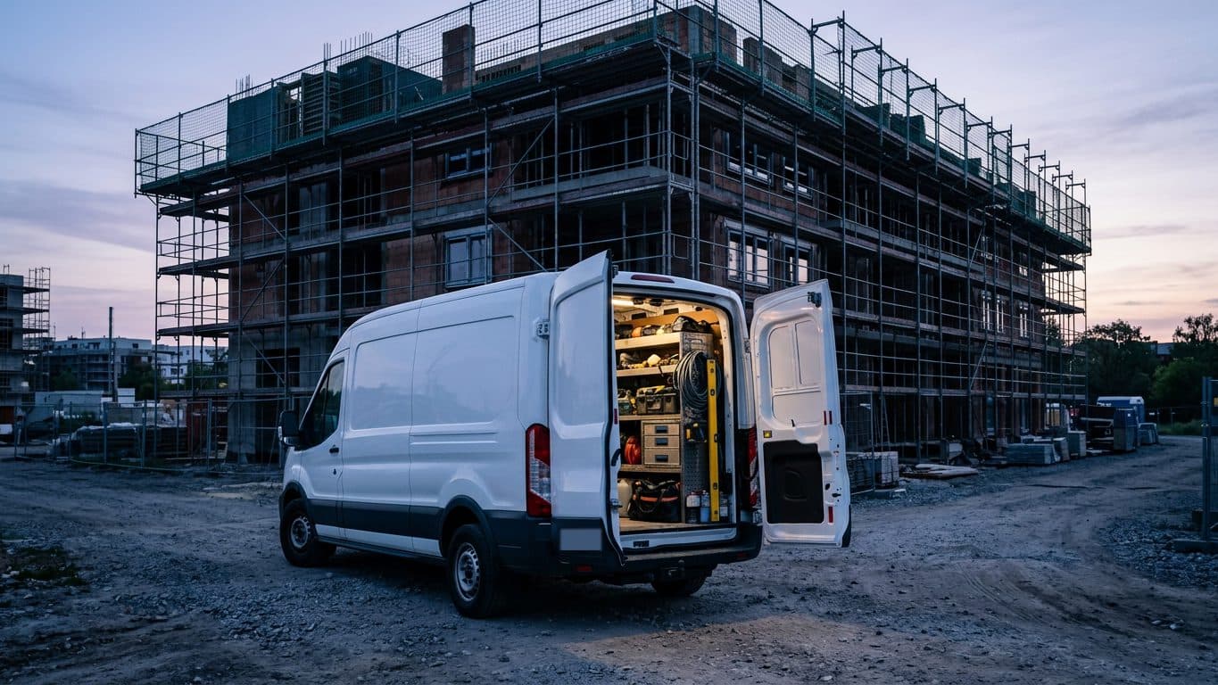White van with open rear doors and racked tools parked at dusk in front of a scaffolded building shell