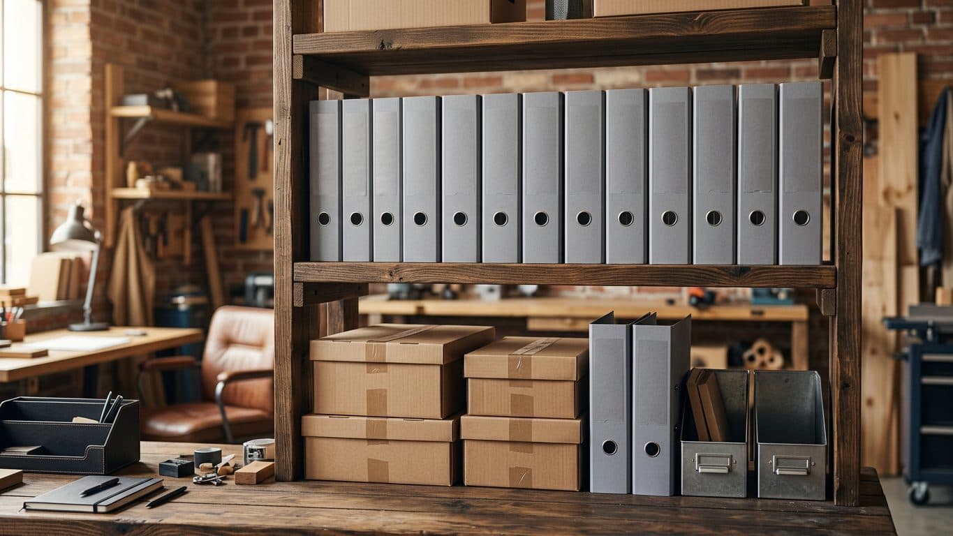Holzregal in einem Werkstattbüro mit einer Reihe grauer Aktenordner ohne Beschriftung und verschlossenen Kartons