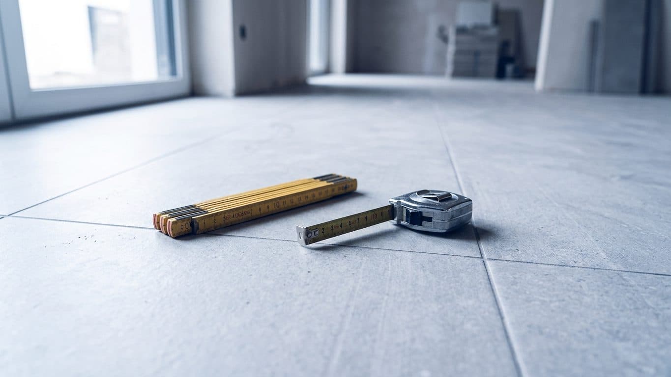 Folding rule and tape measure lying on freshly laid grey floor tiles in an empty room with a glazed door