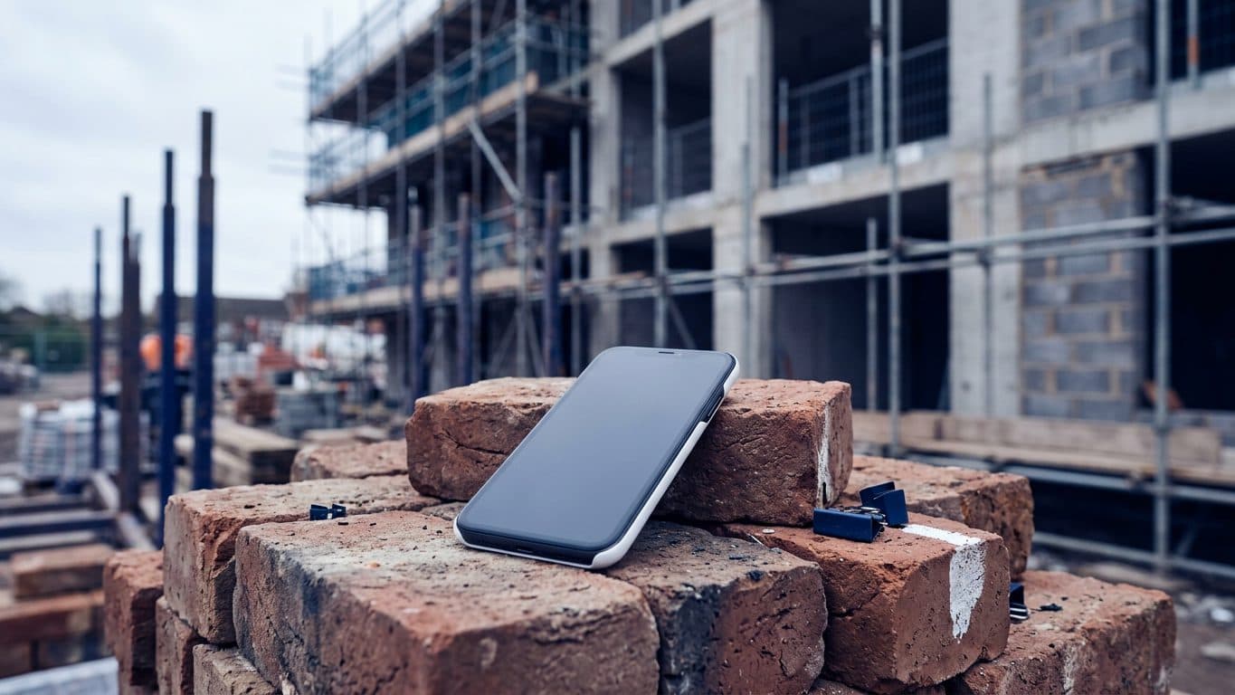 Smartphone mit ausgeschaltetem Bildschirm liegt auf einem Ziegelstapel, im Hintergrund unscharf Gerüst und Rohbau