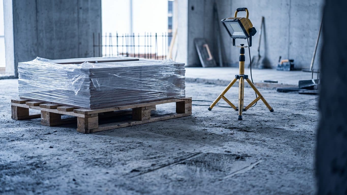 Folienverpackte Fliesenpalette und Baustrahler auf Stativ auf dem unfertigen Estrich eines Rohbaus